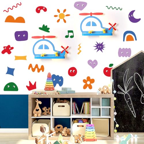 56.29x55.11 InchColorful Abstract Shapes Wall Decals for Kids Room Fun Geometric Wall Stickers with Stars Hearts Flowers for Kids Room Playroom...