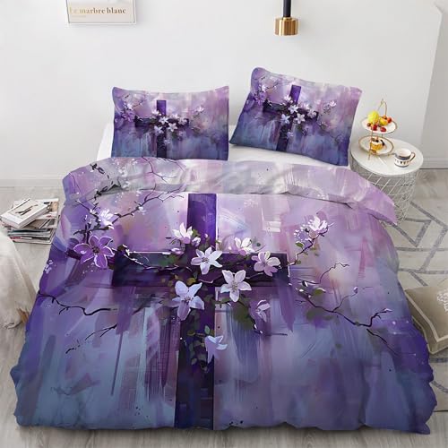 Funda Nórdica Cama 105 cm Microfibra Juego de Ropa de Cama 3 Piezas Funda de edredón 180x220 cm con Funda de Almohada 50x75 cm Cruz PúRpura
