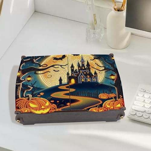 Image of MVVMTOP Diamond Painting Kit Wooden Storage Box, Hallowmas DIY Pumpkins and Castle Special Shaped Diamond Art Flip Cover Wooden Money Box, Handmade Art Desktop Decorations Birthday Gifts for Friends