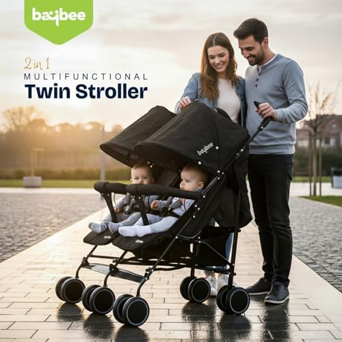 Image of Baybee 2-in-1 Twin Baby Stroller for 0-3 Years | Lightweight Foldable Pram for 0 to 5 Years | Adjustable Canopy, Safety Guardrail, Wheel Lock & Parental Handle | Baby Stroller for Boys & Girls (Black)