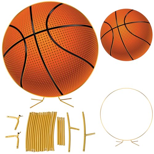 Novabright Basketball Party Decorations 7.2ft Backdrop Decor Senior Night 2026 Kit Circle Cover and Metal Circle Arch Background Stand for Sports Theme Basketball Gender Reveal Party Decor