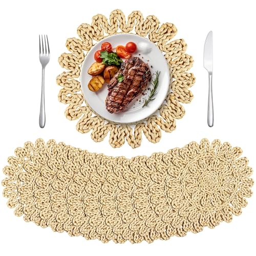 Kochorie 11.8 Inch Round Woven Placemats Set of 12 Handmade Corn Husk Placemats Natural Boho Rattan Woven Placemat Table Wicker Placemat for Farmhouse Spring Home Table
