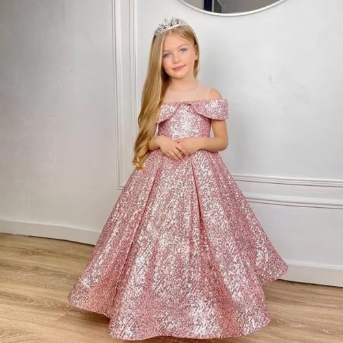 Pageant Dresses for Girls Sequin Off Shoulder Flower Girl Dresses Sparkly Ball Gown Kids Dress3