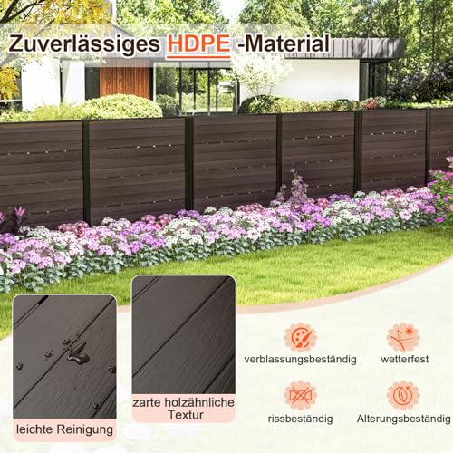 COSTWAY Gartenzaun 2-teilig, Zaun mit Pfosten & Schutzkappen, 115 cm hoch, Sichtschutzzaun aus HDPE, Steckzaun Zaunelementen, Freistehender dekorativer Zaun, Sichtschutz für Garten & Terrasse (Braun)