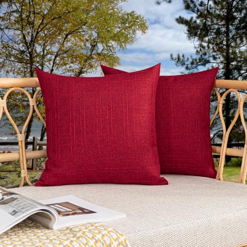 Kevin Textile Pack of 2 Outdoor Waterproof Throw Pillow Covers Decorative Farmhouse Checkered Square Solid Cushion Cases for Patio Garden Porch Sofa Red 18x18 inch