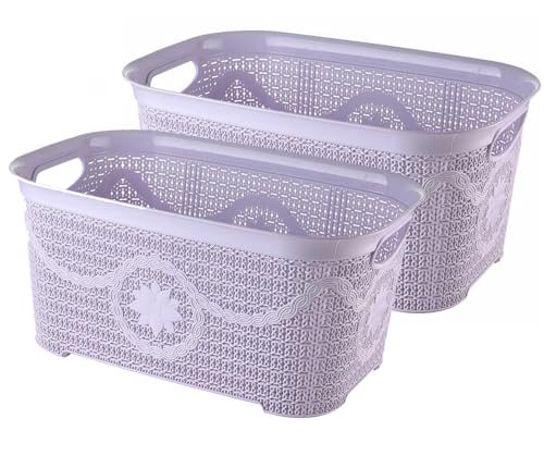 BH | Laundry Basket | 12 Litres | GREY | 2 Pcs | Rattan Knitted Style | Washing Hamper Storage | Washing Clothes Organiser | Multi Purpose Plastic Laundry - By BEST HOUSE