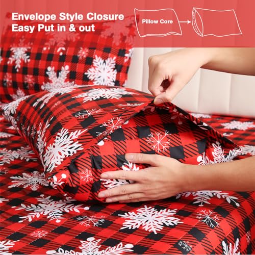 Image of JSD Red Buffalo Plaid Snowflakes Christmas Sheet Set Full Size | 4 Piece Soft Microfiber Sheets, 16 in Extra Deep Pocket, OEKO-TEX Certified, Easy Care