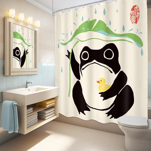 Lghtyro Funny Frog Shower Curtain Bathroom Set 60Wx71H Inches Asian Duck Traditional Art Japanese Cute Animal Taking Lotus Leaf Rain Bath Accessories Lovely Art Home Decor Fabric 12 Pack Hooks thumb #3
