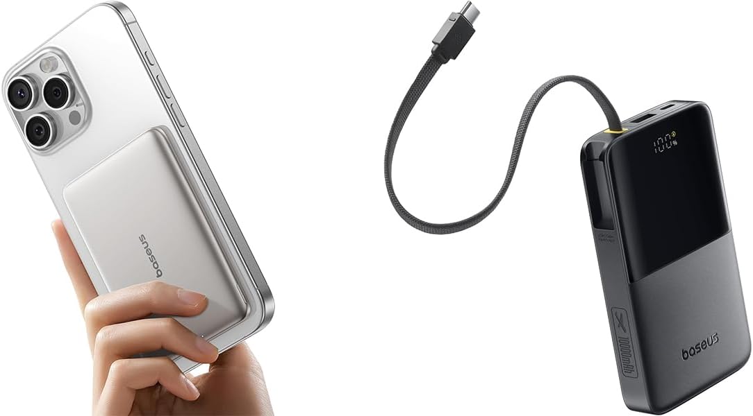Baseus 0.3" Ultra Slim 5000mAh MagSafe Portable Charger & 22.5W Power Bank Built-in USB C Cable