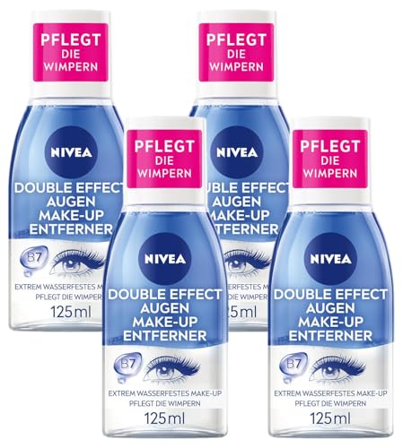NIVEA Augen Make-Up Entferner, Make-Up Entferner für die sensible Augenpartie, Gesichtsreiniger entfernt extrem wasserfestes Make-Up, Double Effect Augen Make-Up Entferner (125 ml) (Packung mit 4)
