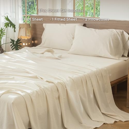 Image of MooMee Striped Sheet Set 100% Washed Cotton Linen Like Cal King