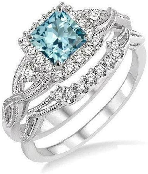 1.50 Ct Princess Cut Aquamarine Bridal Set Engagement Wedding Ring With 925 Sterling Silver 14k White Gold Finish