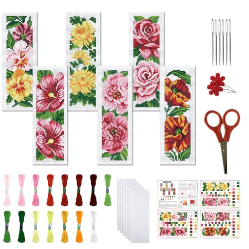 Image of FREEBLOSS 6 Set Cross Stitch Bookmarks Kit Large Flowers Stamped Cross Stitch Kit DIY Embroidery Bookmark Set with Instruction for Adults Beginners Gift for Reading Enthusiasts 8 * 2.4inch 11CT