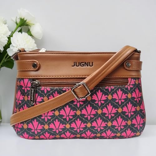 Image of JUGNU Sling Bag for Women, Jute Fabric, Crossbody Style, Slim Design, Multicolour, Medium Size, Lightweight, Adjustable Strap, Zipper Closure, 5 Pockets