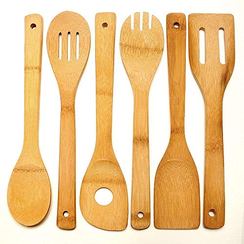 VCCUCINE Best Kitchen 6-piece Long Handle Wooden Cooking Spoons and Spatulas Bamboo Utensil Set Ideal For Non Stick Cookware Kitchen Tools Non Scratch Natural Wooden spoon