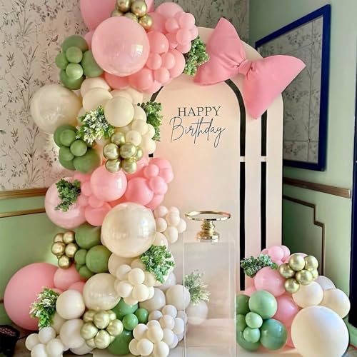 Image of HILAVO Sage Green Pink Balloons 12 Inch Olive Green Pastel Pink Ivory Metallic Gold Latex Balloon for Boho Baby in Bloom Fairy Floral Wildflower Tea Safari Jungle Baby Shower Birthday Party Decoration