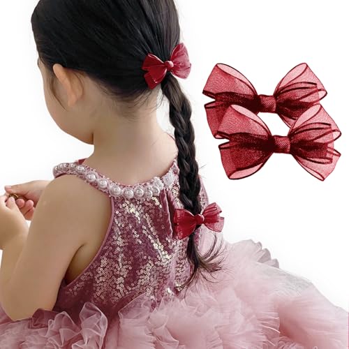 GFun 髪飾り リボン 小さめ 子供 クリップ ヘアアクセサリー バレッタ チュール 袴 卒園式 結婚式 発表会 浴衣 洋服 赤 2個セット