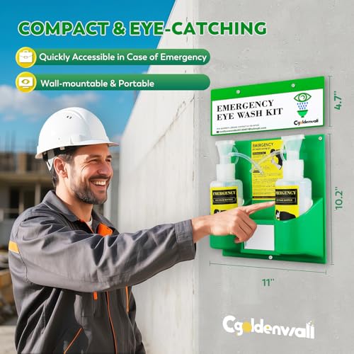 Image of CGOLDENWALL Eye Wash Station Eyewash Stations OSHA Approved, Emergency Eye Wash Kit Portable Wall Mounted, Two 16.9oz Bottles, with Mirror&Emergency Sign, NO Solution