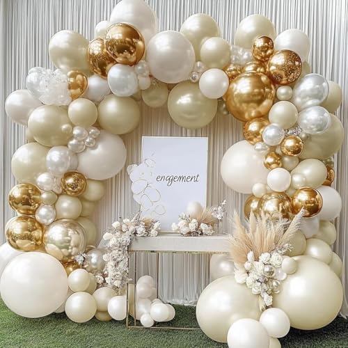 Image of Beige Gold Balloons Double Stuffed Sand White Balloon Garland Pearl White Cream Metallic Gold Balloon Arch Kit for Birthday Wedding Bridal Anniversary Boho Baby Shower Party Decorations