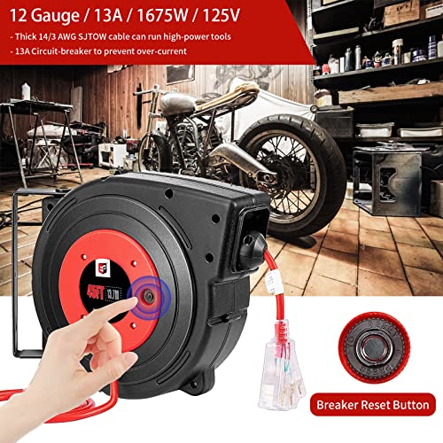 Ep Retractable Extension Cord Reel, 45 Ft Heavy Duty Power Cord, 12 Awg/3C Sjtow, 15 Amp Circuit Breaker, Lighted Triple Tap, Ceiling Or Wall Mount, Ul Listed #TOP1