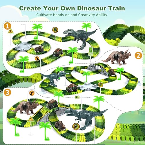 Image of Dinosaur Toys for Kids 3-5, Glow in The Dark Flexible Train Track Playset, 2 Dinosaur Car for 3 4 5 6 7 Year & Up Old Boys & Girls Best Gift