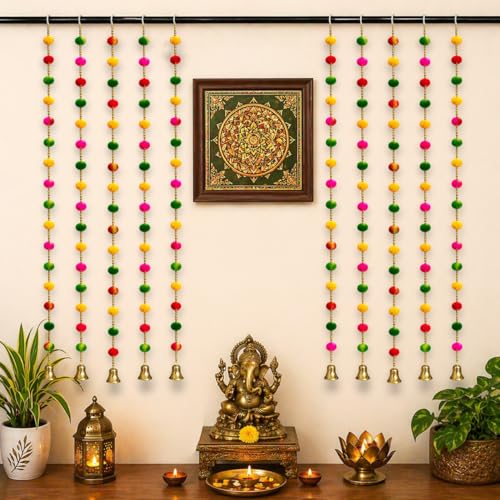 Image of Bindian Multicolor Pom Pom Beads & Golden Bell Toran for Main Door, Pack of 10 Door Hanging Decorative Items, Home Decor Wall Hanging Decoration, Pooja Room Decor, Festival Decoration