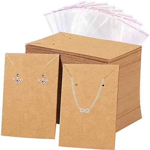 Voarge - Lot de 100 cartes présentoirs à bijoux avec 100 sachets autocollants - Pour boucles d'oreilles - En papier - Cartes en papier kraft pour accrocher...