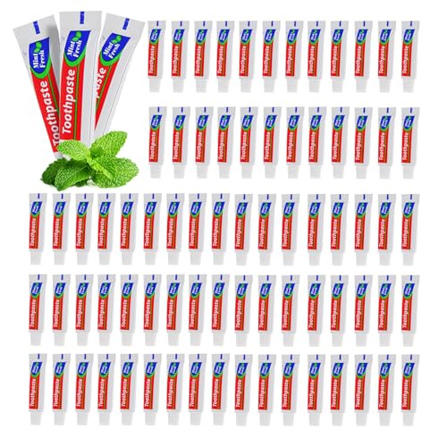 HOIQIRY 100 Tubes Extra Small Travel Size Toothpast Bulk Mini 0.176 oz/5 Grams Small Disposable Toothpaste Mint Single Use Mini Bulk Toothpaste Travel Size for Hotel Camping Homeless Charity Guests