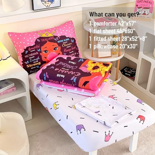 Image of 4 Piece Toddler Bedding Set for Girls,Toddler Black Girl Magic Comforter Set,Black Princess Toddler Bed Comforter Set Includes Comforter, Flat Sheet,Fitted Sheet,Pillowcase