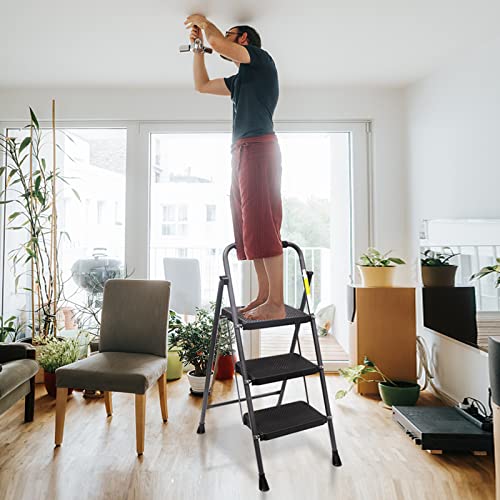 3 Step Ladder, Golyton Folding Step Stool With Anti-Slip Wide Pedal & Convenient Handgrip, 500Lbs Capacity Steel Ladder For Household And Office, Gray #TOP6