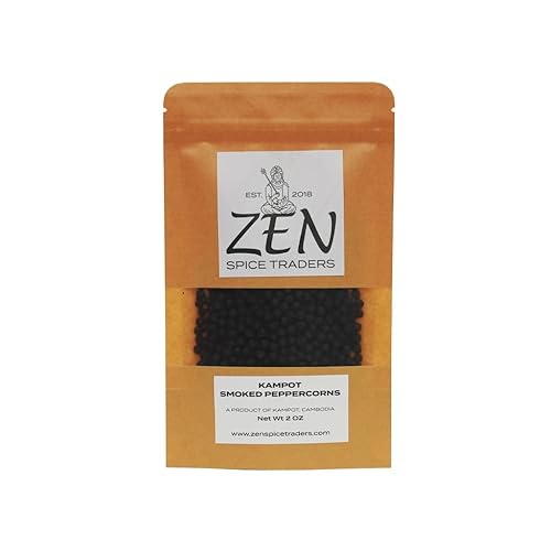 Granos de pimienta negra ahumada Kampot | Zen Spice Traders | Paquete de 2 onzas de 1