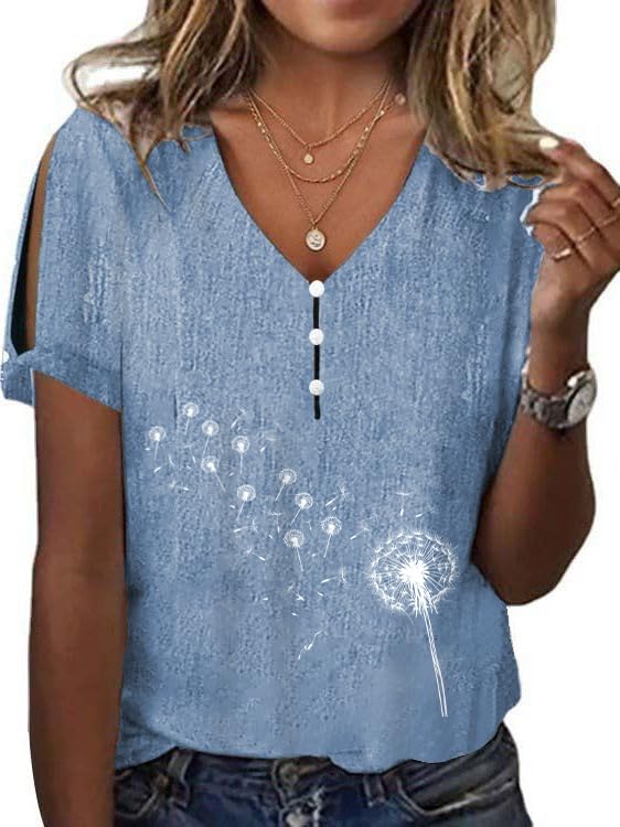 Summer Graphic Printed Shirts for Women Boho Floral Tunic Tops Plus Size V Neck Cold Shoulder Casual Comfy Tees