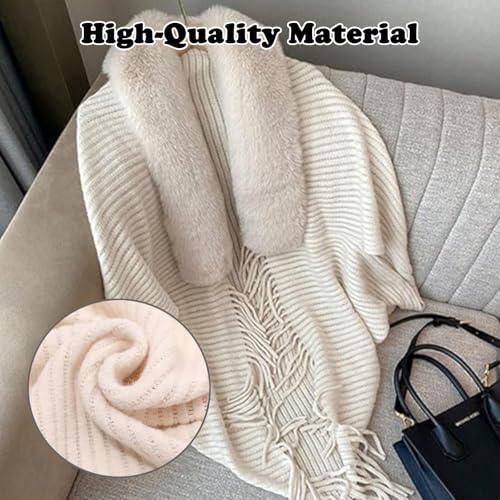 Permitime Knitting Thick Womens Loose Shawl, Winter Knit Fringe Fur Collar Shawl, Permitime Loose Shawl with Fur Collar2