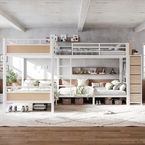 Quad Twin Metal Bunk Bed with Storage Drawers, Wardrobe & Shelves, White