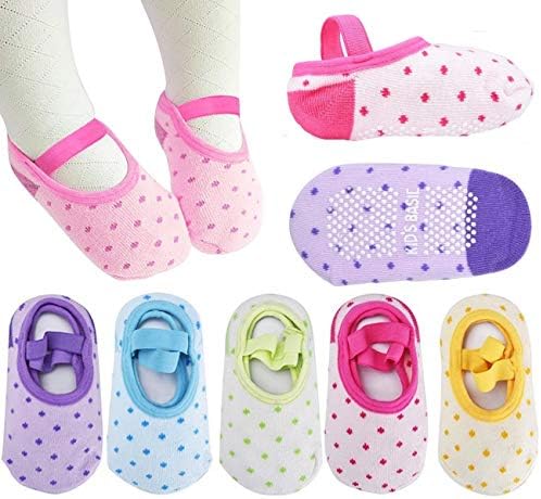 Kisgyst 5 Pairs Baby Girls Toddler Cartoon Dots Anti Slip Skid Foot Socks No-Show Crew Cotton Socks Sneakers 10-30 Months