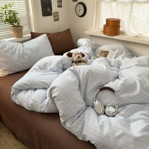 Image of EAVD Retro Striped Duvet Cover Queen Light Blue&Brown Washed Microfiber