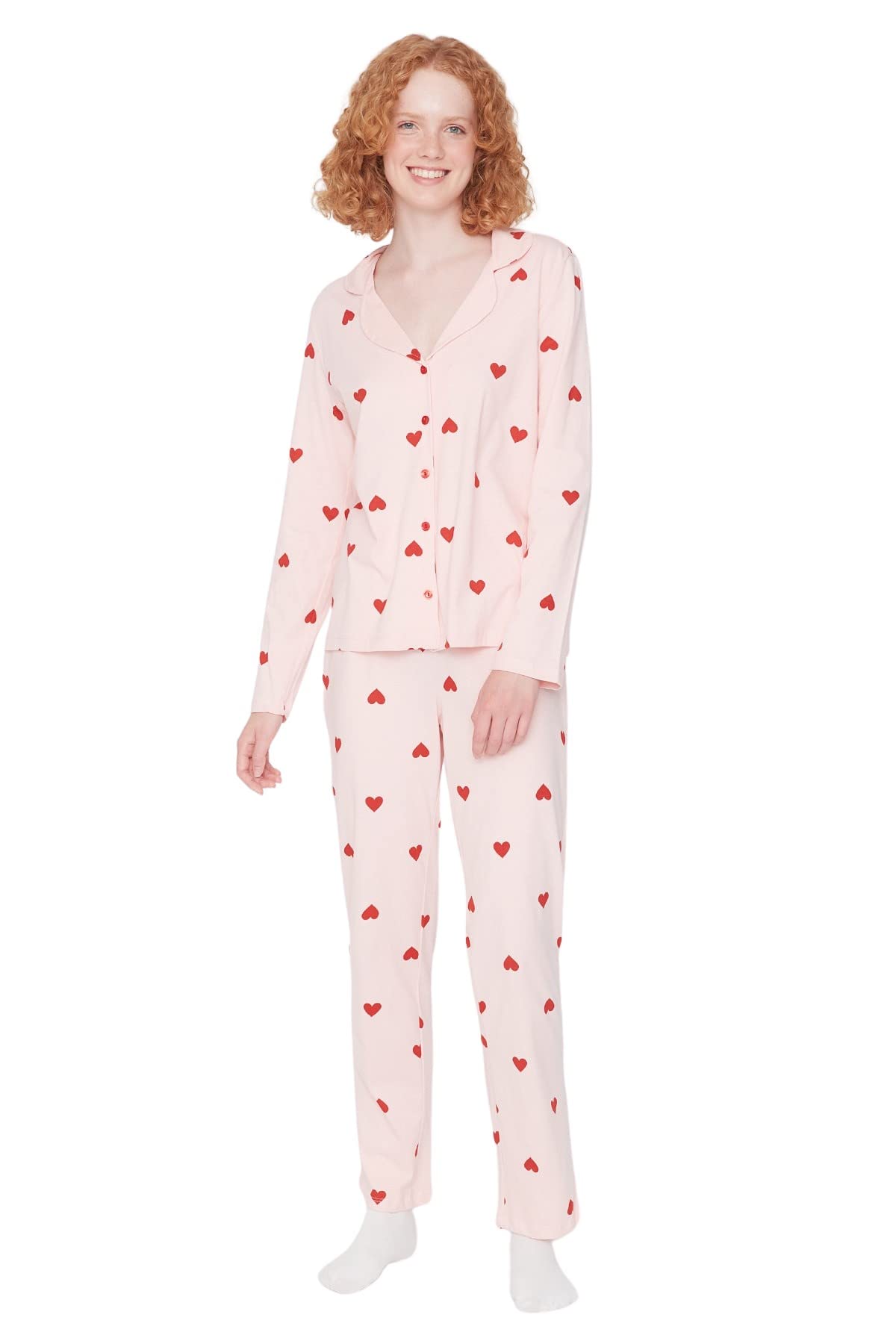 Trendyol FeMan Heart Middle Knit Shirt-Trousers Pajama Set Pink