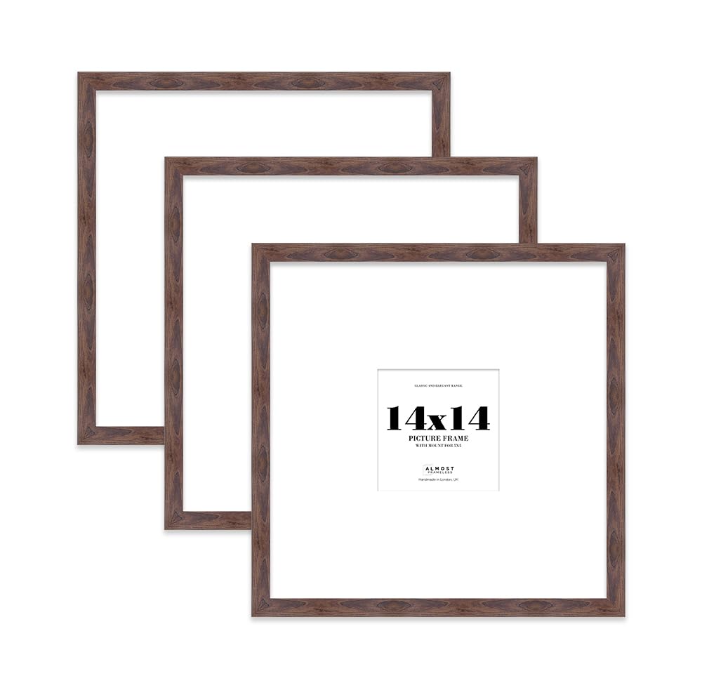 14x14 Walnut Picture Frame with Large Mount for 5x5 Photos, Prints - Modern Square Wall Frame, Set of 3