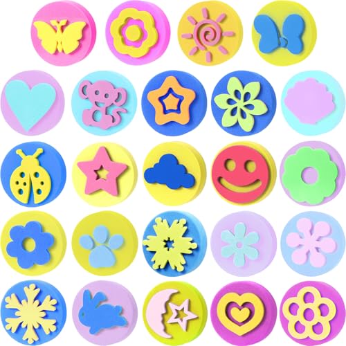 Outus 24 Pcs EVA Painting Sponges Foam Painting Stamper Double-Side Sponge Stamper for Kids Toddlers Early Learning and Crafts DIY, Assorted Shapes