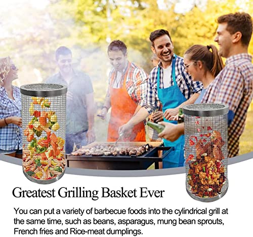 Raepperhan Rolling Grilling Basket, Bbq Grill Basket, Stainless Steel Rolling Grilling Basket, Outdoor Rolling Grilling Baskets For Fish Shrimp Meat Vegetables Fries (7.87" X 3.54" X 3.54", 2 Pcs) #TOP3