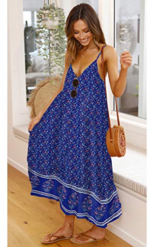 Image of Angashion Women's Dresses Floral Adjustable Spaghetti Strap V Neck Boho Long Maxi Dress Summer Beach Flowy Ethnic Sundress