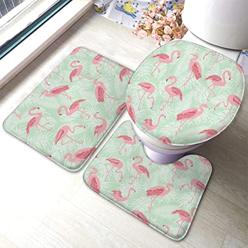 Badezimmerteppich-Set, 3-teilig, Flamingos und Tropische Pflanzenmuster, waschbare Badeteppiche, rutschfest, mit Rückenpolster, Konturteppich und Toilettendeckelbezug