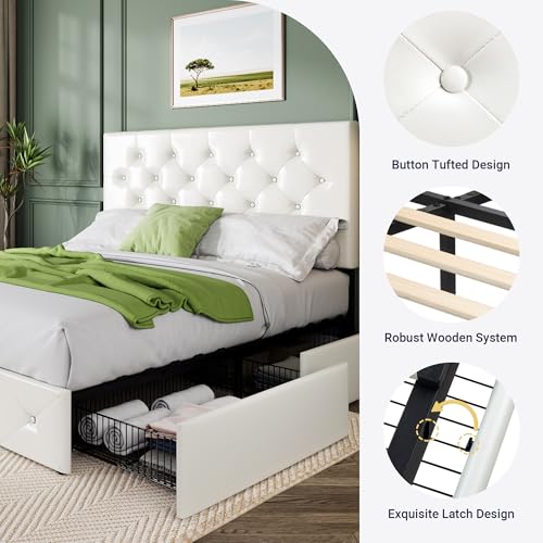 Image of Allewie Upholstered Full Size Platform Bed Frame with 4 Storage Drawers and Headboard, Diamond Stitched Button Tufted, Mattress Foundation with Wooden Slats Support, No Box Spring Needed, White
