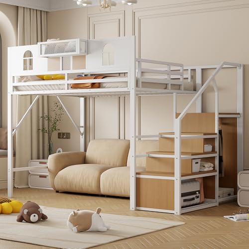 Merax Hochbett aus Metall, 140 x 200 cm, mit Aufbewahrungsleiter, Fenster, integriertes Regal, einzigartiges Design mit hohem Zaun, robuster Metallrahmen, Weiß (ohne Matratze)