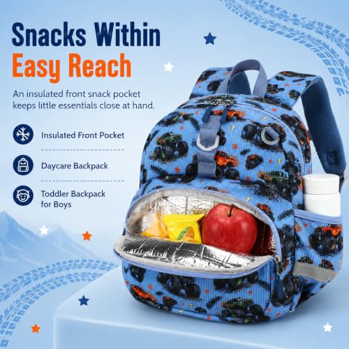 Image of LOIDOU Toddler Backpack for Boys Ages 2-4, 12 Inch Mini Preschool Daycare Bookbag with Insulated Snack Pocket, Corduroy Small Kids Travel Backpack with Chest Strap, Blue Car