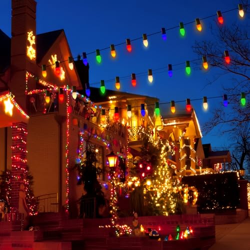Image of C7 Vintage Christmas Lights Outdoor Multicolor Tree String, 25FT Colorful Indoor Hanging Decorations for House Garden Patio Party (Green Wire)