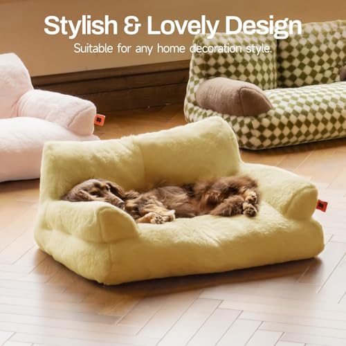 MEWOOFUN groß Katzenbett kleines Hundesofa Flauschig und waschbar Katzensofa Hundebett für Katzen, weich Katzenbett katzencouch mit Rutschfester Unterseite, Gelb 66x48cm