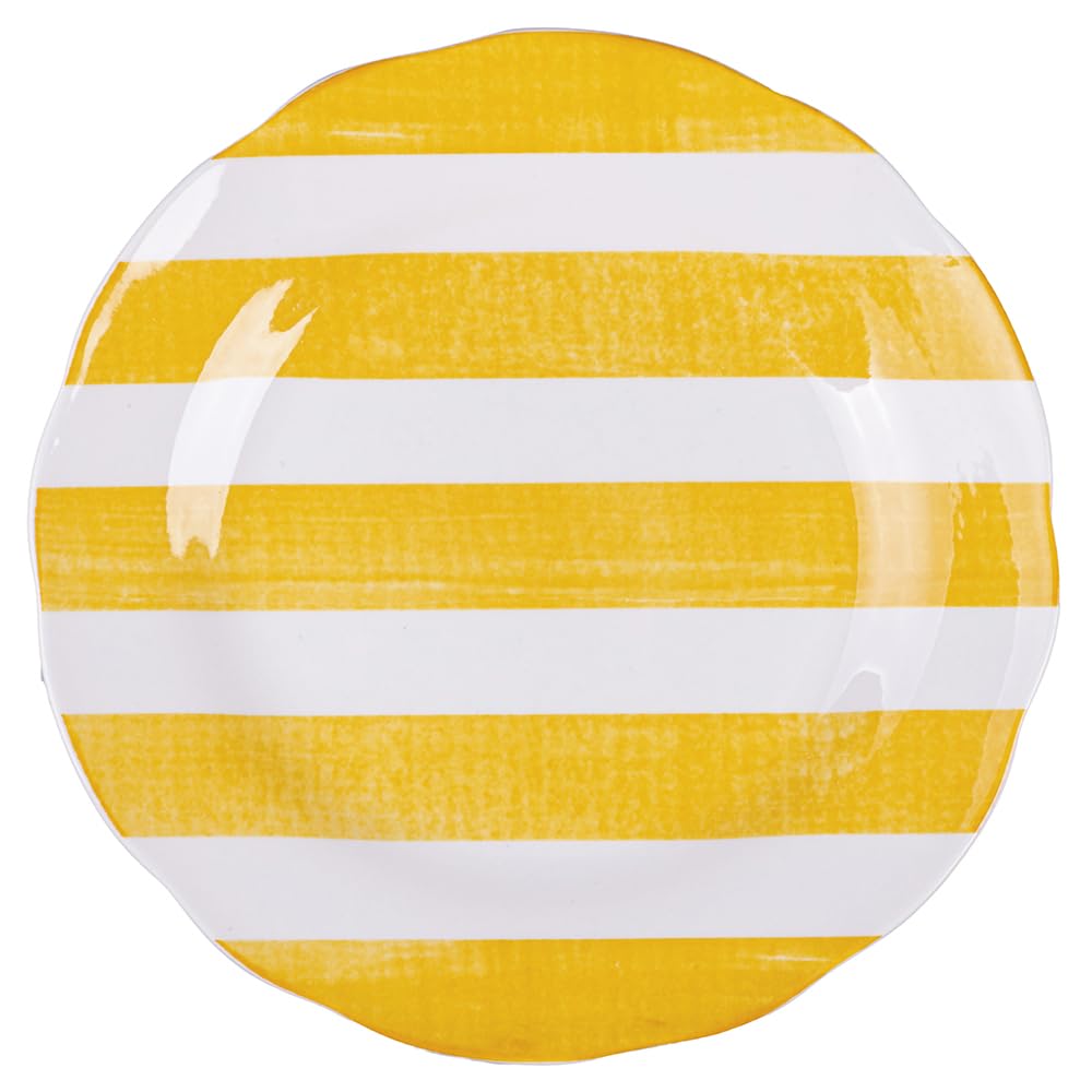 Villa d'Este Home Tivoli Versilia - Juego de 6 platos de postre de porcelana, borde festoneado con decoración de rayas, color amarillo