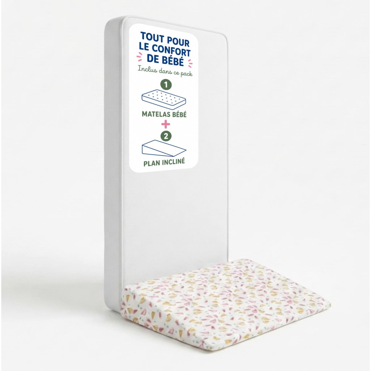 Pack Sommeil Bébé - Matelas Réversible 60x120 cm & Plan Incliné Confort Sweety - Housse Coton Doux - sans Traitement Chimique - Certifié Certipur