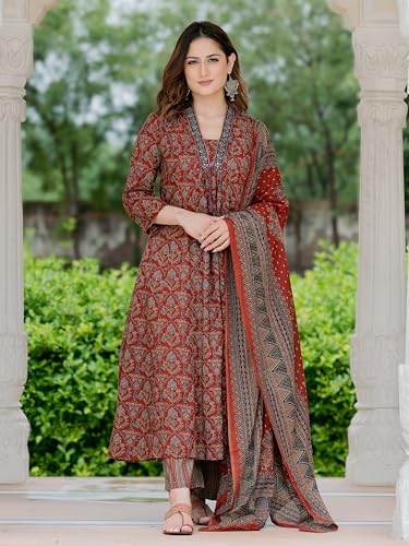 Image of Arayna Women's Pure Cotton Printed Kurta Pant Dupatta Set | Traditional Ethnic Suit Set with Ajrakh-Inspired Print | Straight Fit 3-Piece Set for Women